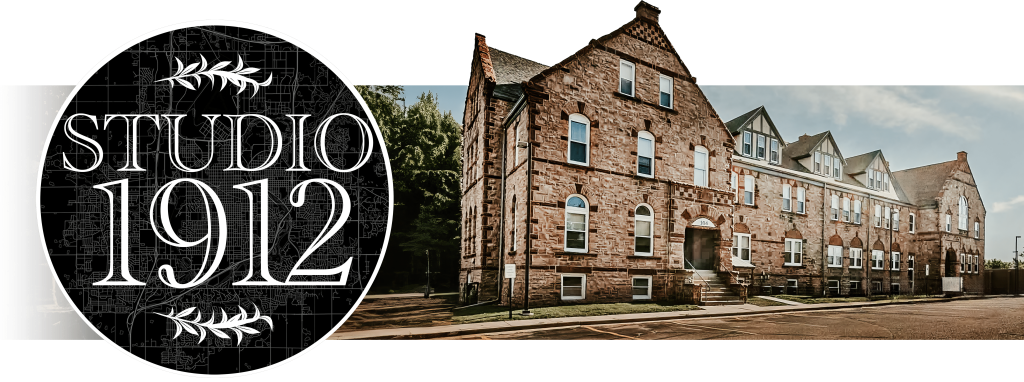 Studio 1912 logo composited with the historic Olde School building exterior